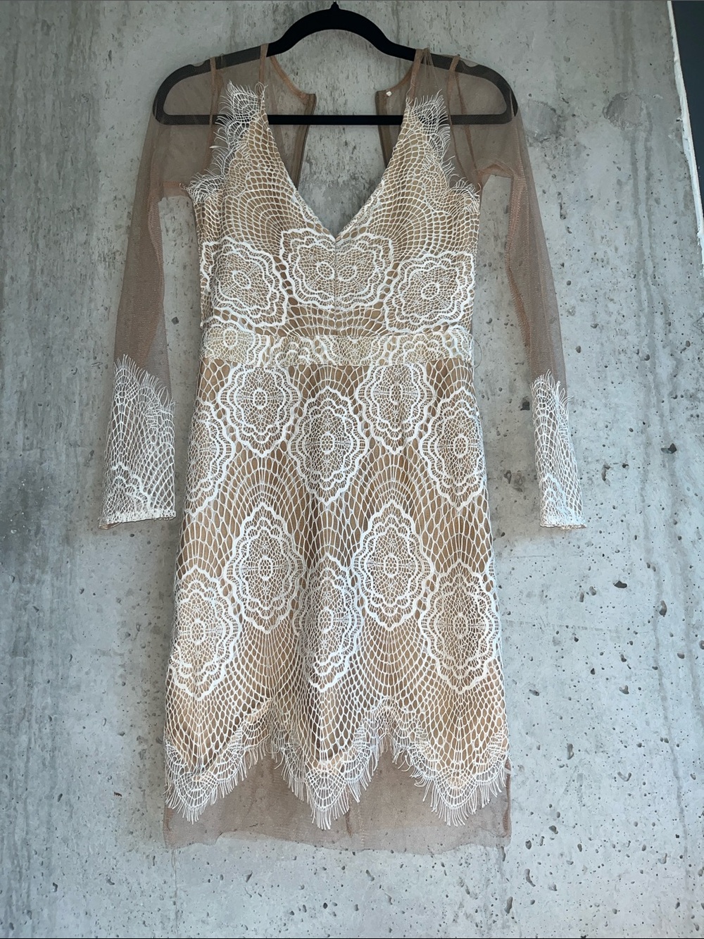 Nude Illusion Lace Midi Dress Long Sleeve Crochet Sheer